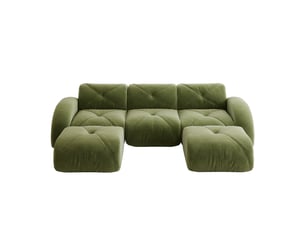 Canapé modulable 3 places en u, revêtement chenille vert, design sans dossier, inclut 2 poufs, idéal salon