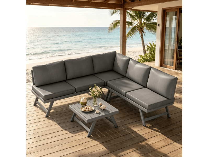  Salon de jardin d’angle 5 places avec table basse, gris  - Conforama C