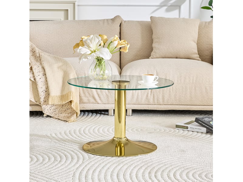  Table basse ronde avec plateau en verre de sécurité trempé et pied central en métal pour salon doré 70 × 70 × 45 cm  - Conforama E
