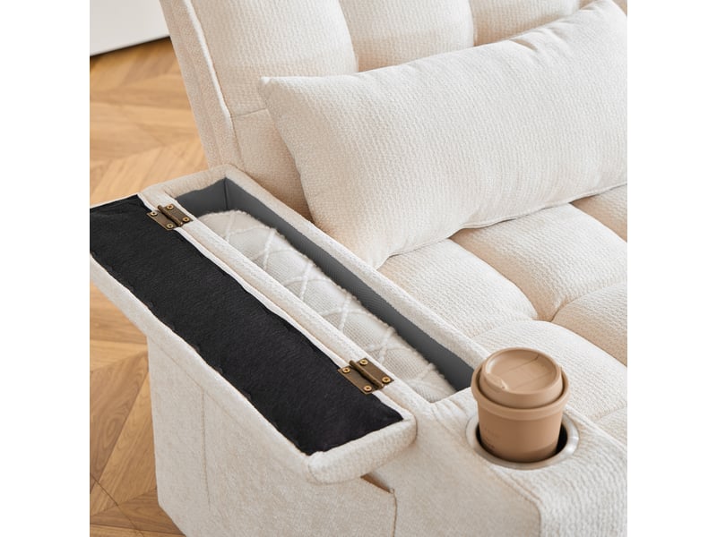Canapé convertible 3 en 1 142 cm avec porte-gobelets tissu chenille beige - Conforama R