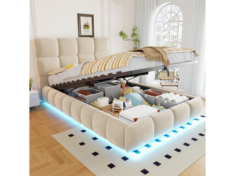 Lit rembourré pour enfant 90 x 200 cm, rangement hydraulique, avec bande lumineuse, velours, beige - Conforama D