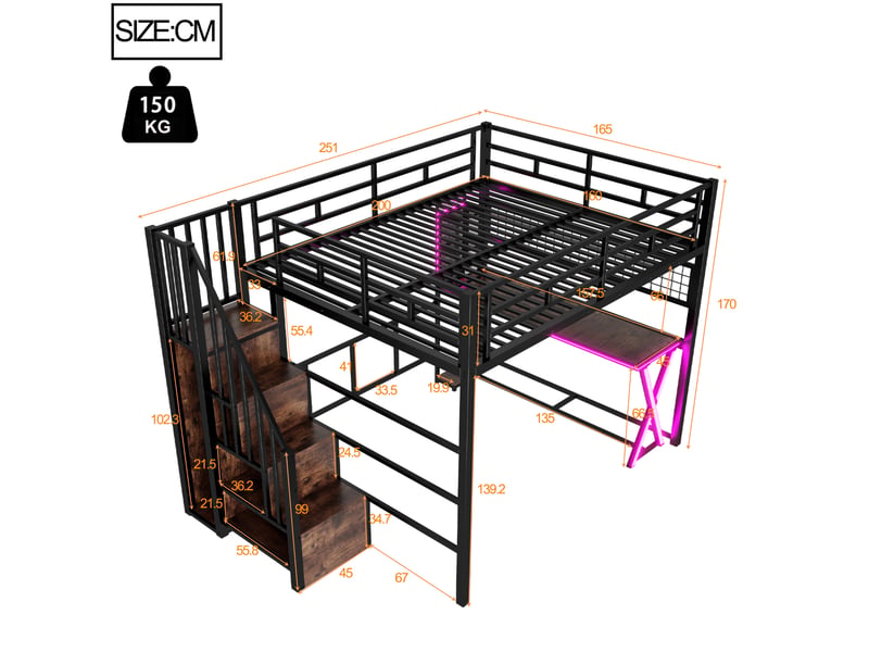  Lit mezzanine 160x200 cm avec bureau, armoire et led coloris noir  - Conforama C