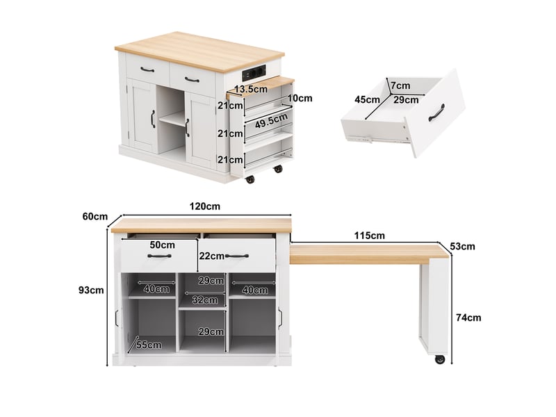 Desserte de cuisine avec table extensible et prises intégrées 132 x 60 x 93 cm evryae - Conforama E