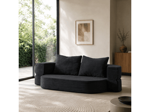 Canapé 3 places, avec fonction couchage, avec coussins, en flanelle, coloris noir, l200 x p130 x h60 cm, assise confortable