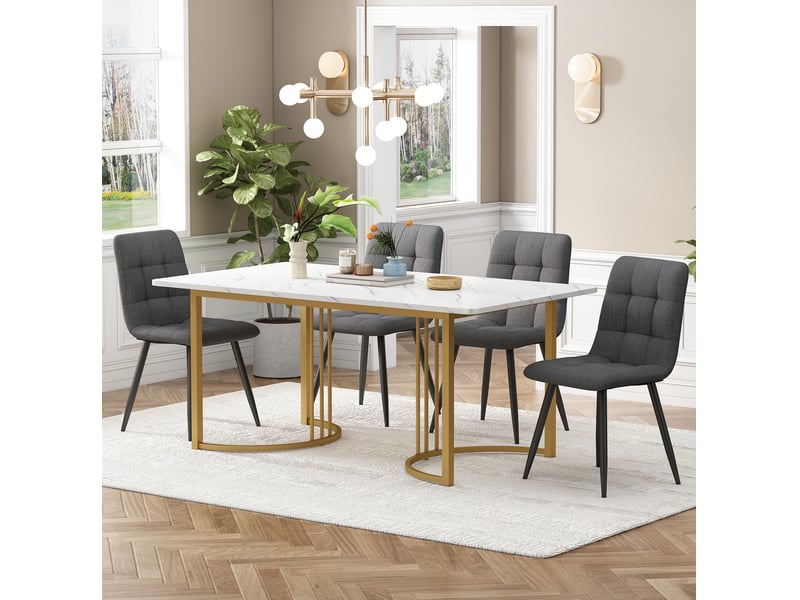  Ensemble repas 5 pièces, table mdf motif marbre, pieds métal réglables, grande capacité, 4 chaises lin et mousse, gris  - Conforama B