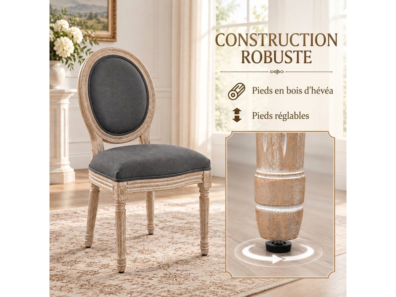  Lot de 2 chaises de salle à manger, assise et dossier rembourrés en effet lin, chaises médaillon style louis xvi, gris  - Conforama R