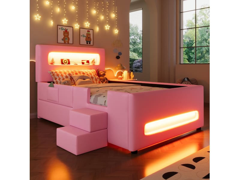  Modenvie lit enfant 90x200 cm - avec tiroir de rangement, éclairage led et escalier - pour chambre d'enfant - rose  - Conforama D