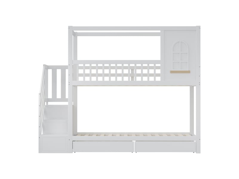 Lit superposé enfant 90x200 lit cabane en bois massif, lit superposé blanc avec tiroirs et escalier de sécurité, 252x96x192cm - Conforama A