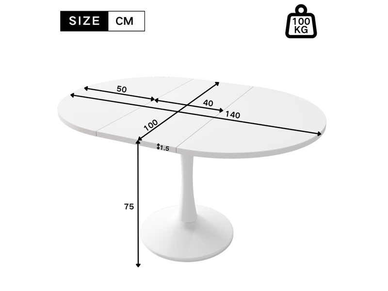  Table à manger extensible ovale 100x100x75 cm 140x100x75 cm mdf et métal blanc  - Conforama C