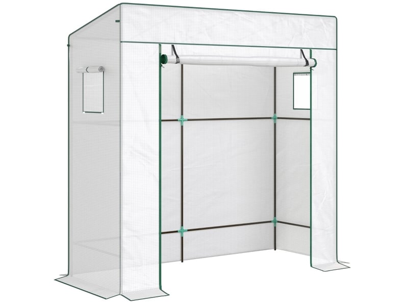  Serre de jardin 196 x 77 x 197 cm – blanche – toit incliné, fenêtres moustiquaires et porte enroulable  - Conforama A