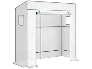 Serre de jardin 196 x 77 x 197 cm – blanche – toit incliné, fenêtres moustiquaires et porte enroulable