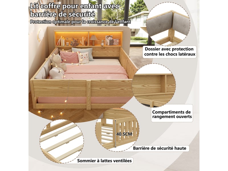  Lit au sol enfant 140x200 cm, barrières sur 4 côtés, dossier rembourré, tête de lit avec étagères, led, bois naturel Radiant Stride - Conforama E