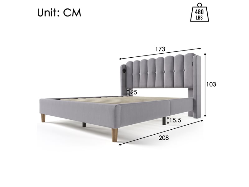  Lit double 160x200 avec charge usb type c gris cravdom  - Conforama E