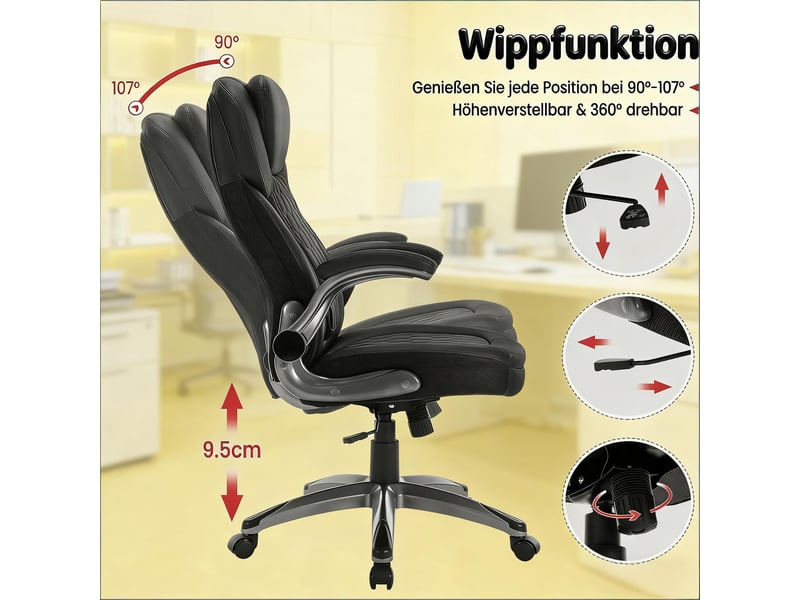  Chaise de bureau ergonomique avec dossier haut, accoudoirs pliables et fonction bascule, revêtement pu et maille, noir, supporte jusqu'à 150 kg  - Conforama D