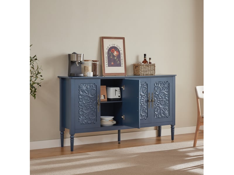  Buffet et enfilade avec 4 portes à relief, poignées en métal et angles arrondis pour salle à manger bleu marine  - Conforama D