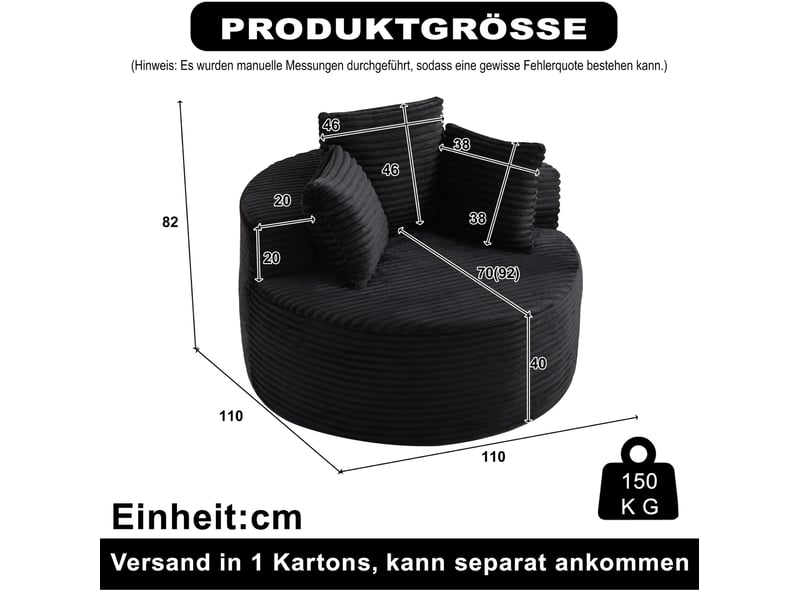  Fauteuil lounge rond 1 place en velours côtelé noir, 110 x 110 x 82 cm  - Conforama C