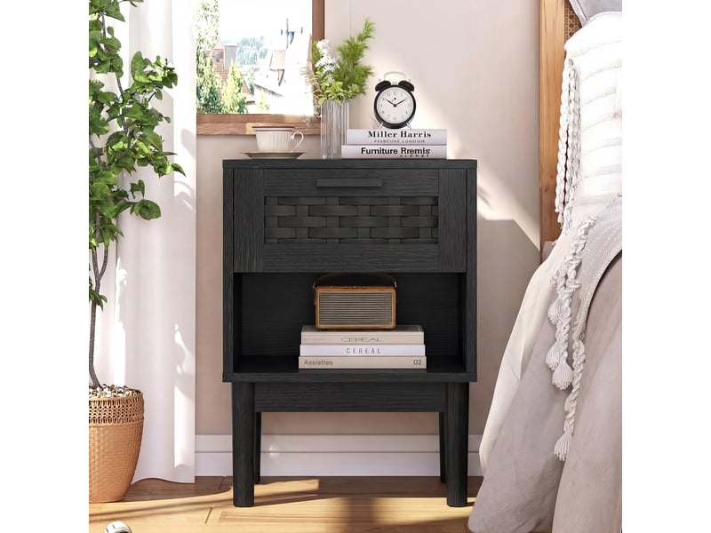  Lot de 2 tables de chevet noires en effet bois et cannage - 40x30x55 cm - 1 tiroir et 1 niche ouverte - style bohème et moderne  - Conforama D