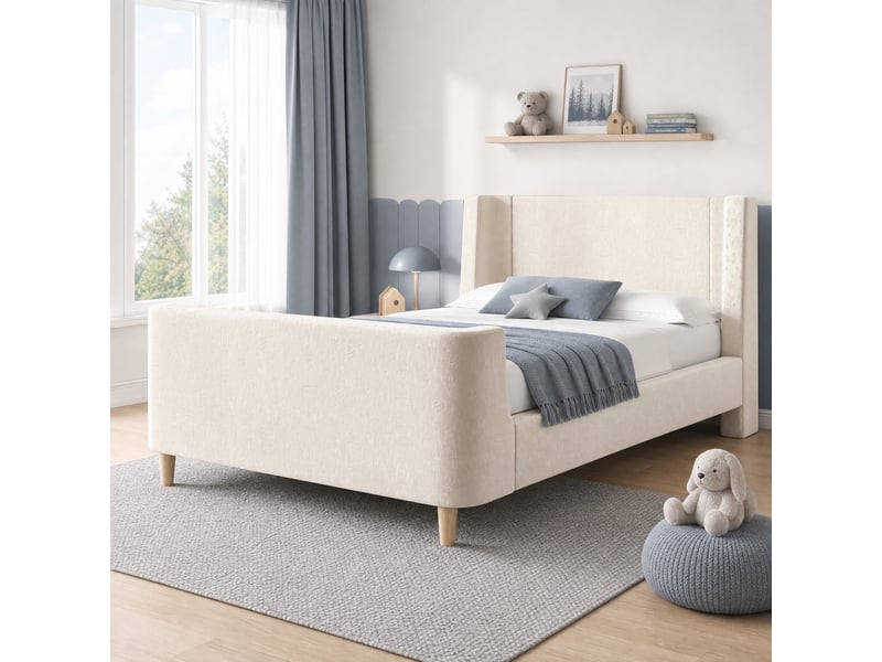  Lit enfant 90 x 200 cm en velours beige avec sommier à lattes et motif spatial  - Conforama B