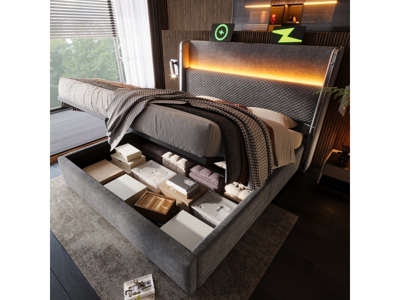  Lit coffre double avec tête haute, led, usbtype-c, gris, 180 x 200 cm  - Conforama D