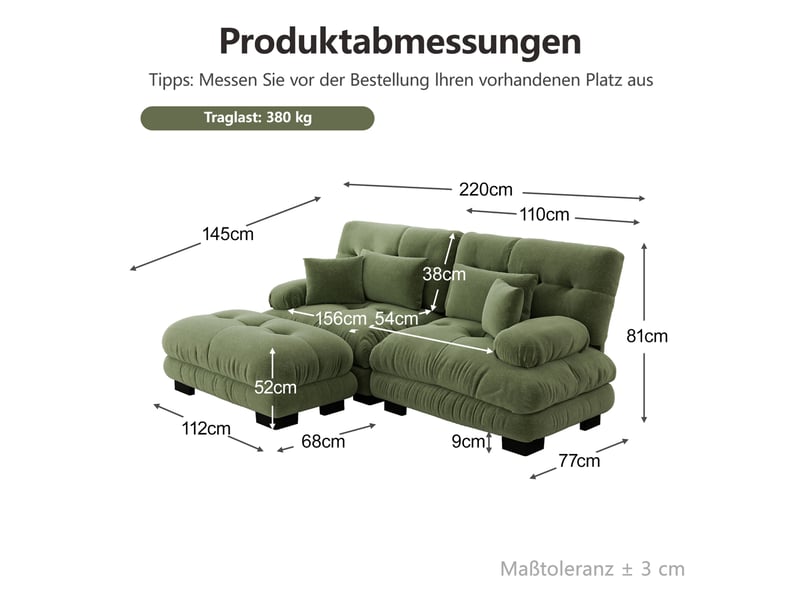 Canapé modulaire 220x145x81cm 2 places, coussins inclus, assise confortable, structure en bois, tissu chenille, vert  - Conforama C