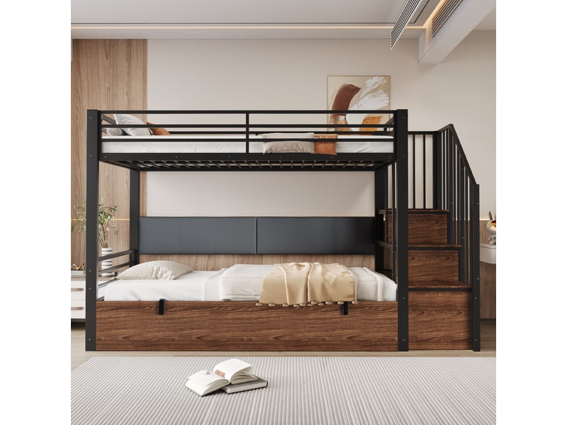 Lit mezzanine 90×200 cm, lit simple - rangement hydraulique, escalier avec étagères et dossier rembourré - sans matelas - Conforama B