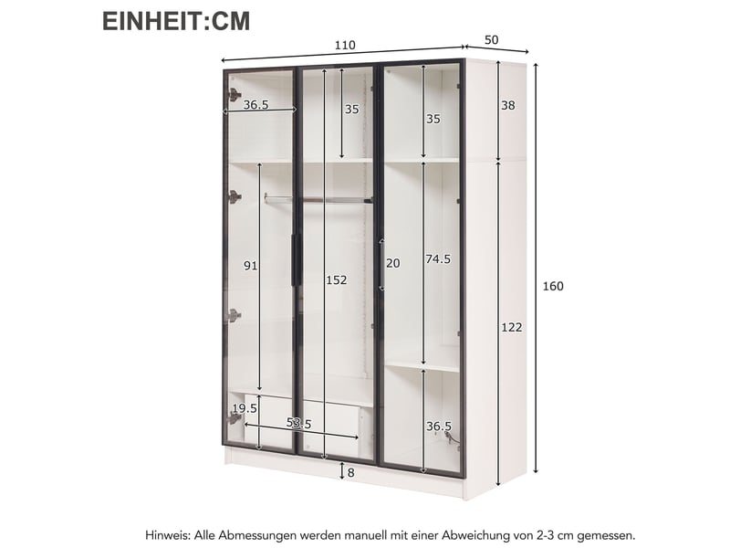  Armoire 110x50x160 cm 3 portes vitrées led panneau de particules blanc  - Conforama E