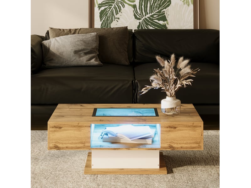 Table basse led 110.2x60x39.7 cm avec verre et 2 tiroirs blanc et naturel - Conforama D