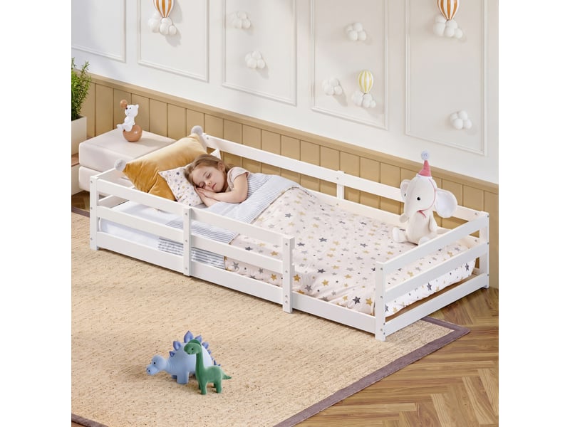 Lit montessori 90x200 cm au sol avec barrière - bois massif blanc sommier inclus  - Conforama B