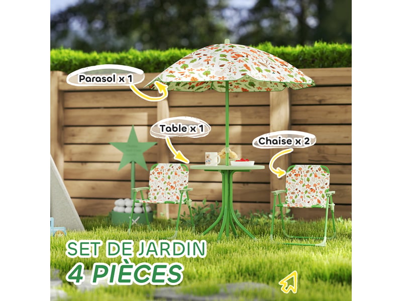 Ensemble salon de jardin extérieur enfant 4 pièces, motif éléphant et girafe, parasol réglable ø 100 cm, chaise pliable - Conforama E