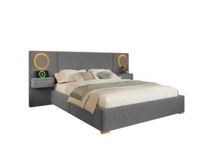 Lit coffre 180x200 cm gris, velours, tête de lit led, ports usb intégrés, chevets avec tiroirs, charge 220 kg