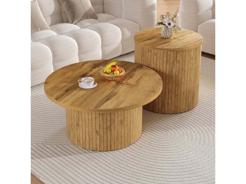  Table basse ronde double et table de salon en bois naturel, design scandinave avec rangement, 75x75x36 cm et 50x50x50 cm.  - Conforama W