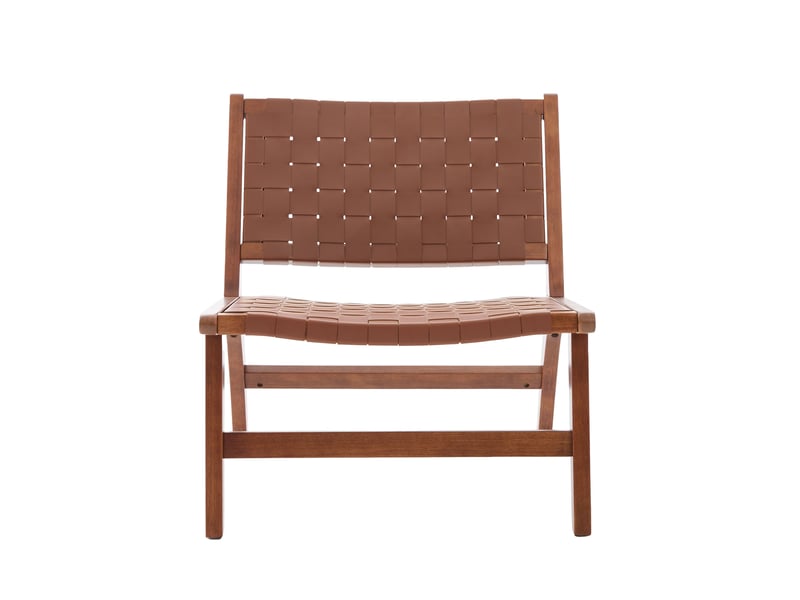 Chaise de loisirs sans accoudoirs en cuir régénéré marron, tressage damier et cadre en bois, style industriel - Conforama A