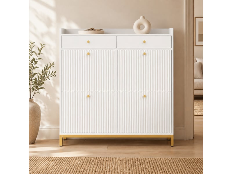  Meuble à chaussures 106,5 x 25 x 107 cm en panneaux de particules avec 4 portes abattantes et 2 tiroirs blanc chicfurn  - Conforama B