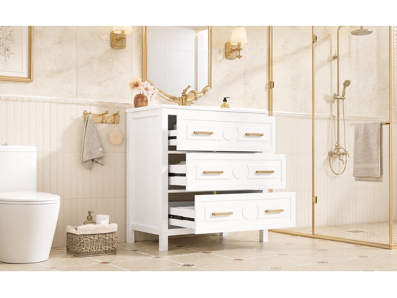 Meuble vasque autoportant 76 5 x 47 x 82 cm blanc céramique et mdf 3 tiroirs silencieux avec kit de montage evarich - Conforama D