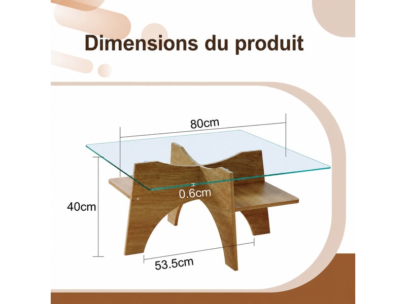  Table basse carrée moderne en verre de sécurité et mdf plaqué bois clair – 80 x 80 x 40 cm  - Conforama D