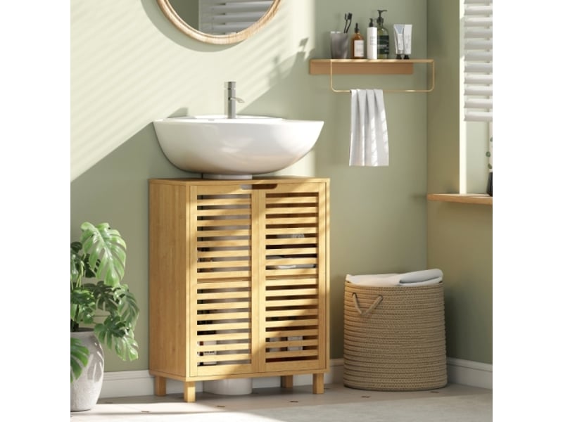  Meuble sous lavabo naturel en bambou avec portes à lattes et étagères réglables  - Conforama B