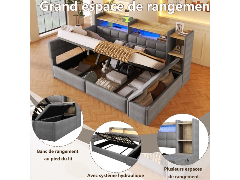 Lit coffre hydraulique 140x200 cm avec led multicolore, usb et usb-c et banc coffre, velours gris foncé, sans matelas - Conforama D
