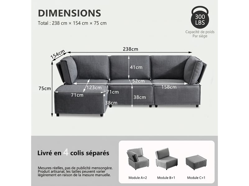  Canapé convertible modulaire 4 places fonction couchage 238 x 154 x 75 cm style minimaliste sans accoudoirs  - Conforama C