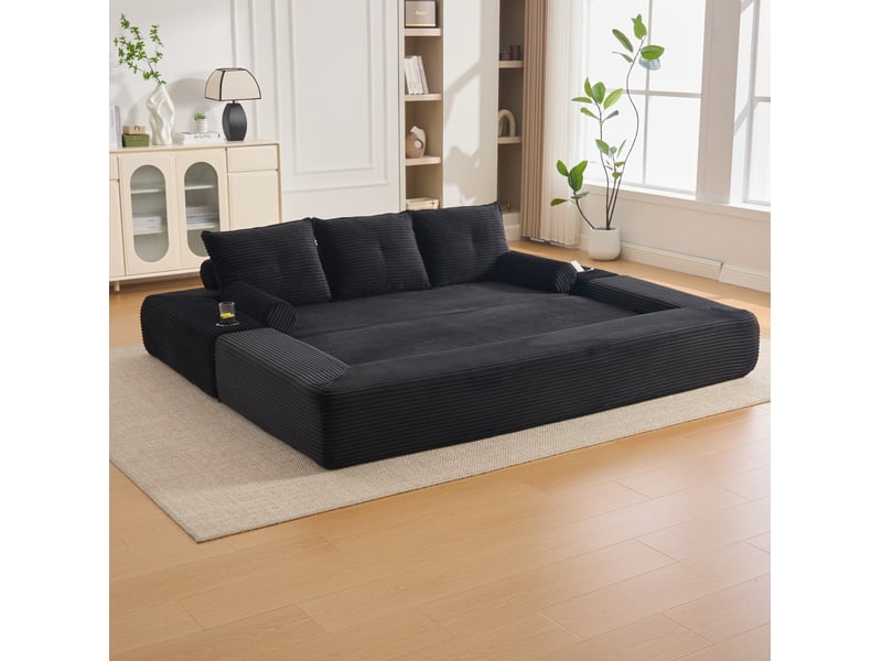 Canapé convertible modenvie 3 places en velours côtelé noir, poches de rangement, porte-gobelet et coussins à mémoire de forme, 232 x 98 x 80 cm - Conforama D