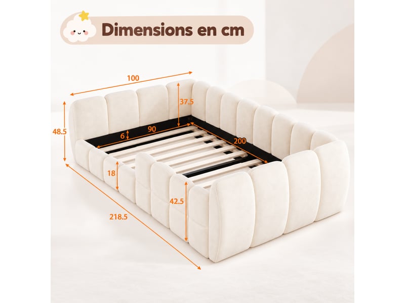  Lit enfant au sol 90x200 cm beige en velours, design fermé avec angles arrondis, sans matelas  - Conforama C