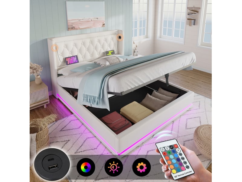  Lit coffre 160 × 200 cm 2 places avec led 3 côtés, usb et type-c, coffre hydraulique, matelas inclus, en pu blanc  - Conforama E