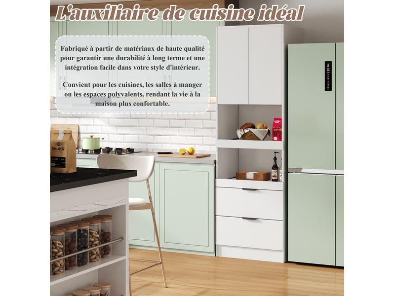 Colonne de cuisine avec 1 porte, 2 tiroirs et 2 étagères ouvertes pour micro-ondes, blanc, 59,5 × 45 × 200 cm  - Conforama E
