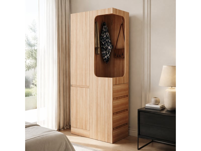  Armoire avec 1 porte, 4 tiroirs latéraux et penderie ouverte, pour chambre, en bois naturel, 70 × 40 × 170 cm  - Conforama B