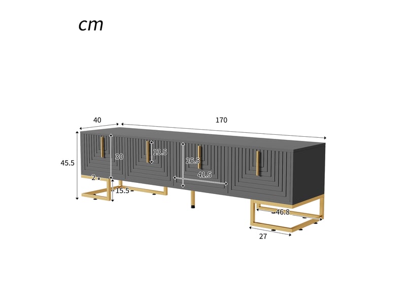 Meuble tv 170 cm gris noir avec 4 portes texturées et pieds dorés - Conforama C