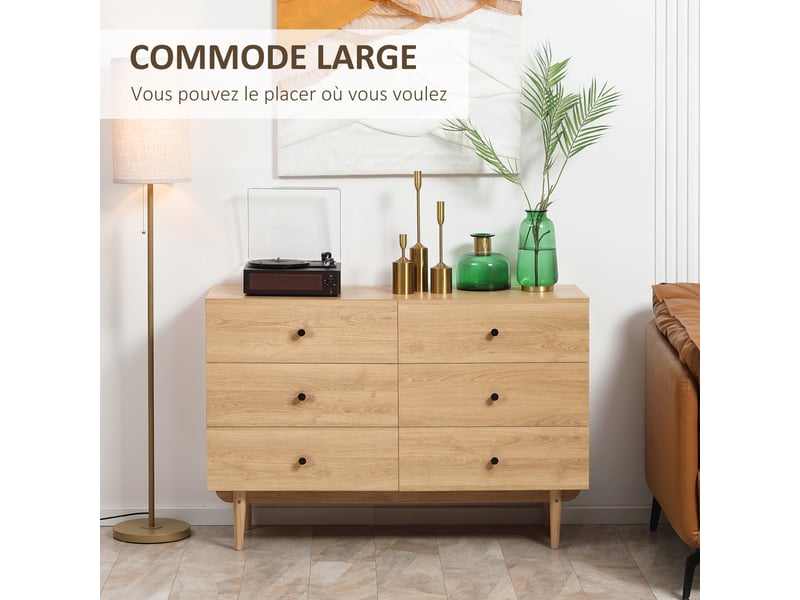  Commode 6 tiroirs meuble de rangement pieds en bois massif 120 x 40 x 80 cm clair marron  - Conforama A