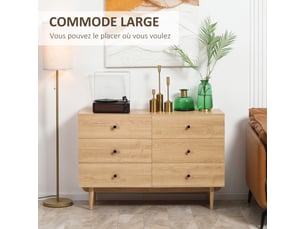 Commode 6 tiroirs meuble de rangement pieds en bois massif 120 x 40 x 80 cm clair marron