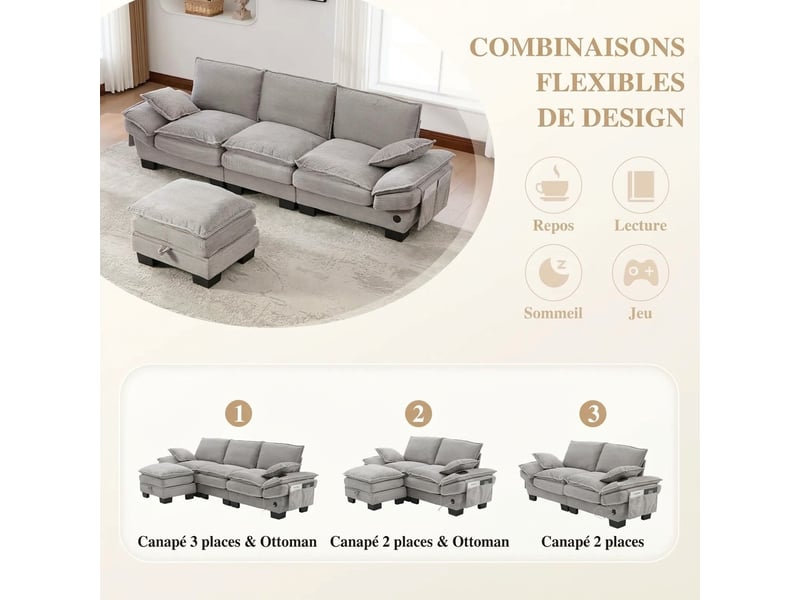  Canapé 3 places modulaire velours côtelé gris clair 260 x 132 x 84 cm avec pouf rangement  - Conforama R