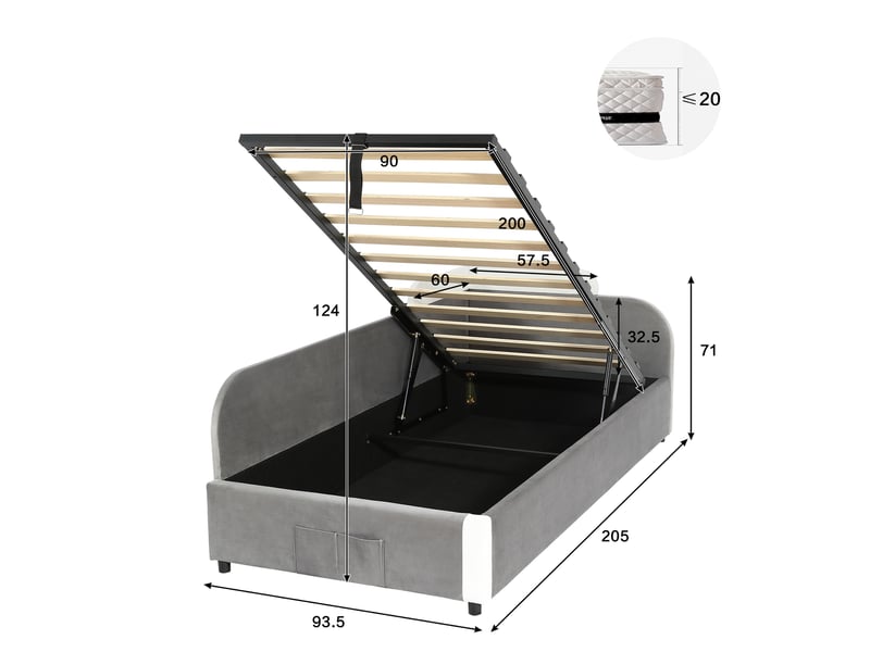  Lit coffre enfant 90x200cm, lit simple rembourré avec sommier relevable hydraulique et barrière de sécurité, velours et contreplaqué, gris  - Conforama E
