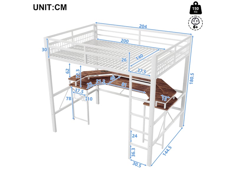  Lit mezzanine 140 x 200 cm sans matelas, structure métal, bureau, led, usb et type-c, prises, panneau perforé, blanc  - Conforama B