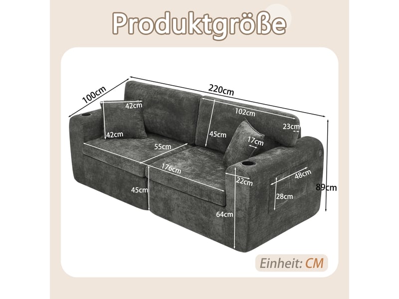  Canapé droit 2 places relax avec usb, porte-gobelet et poche latérale  - avec coussins, chenille noire  - Conforama D